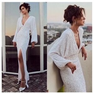RETROFETE Camille Sequin Dress Size XL White NEW Wedding Bride Formal Maxi Slit